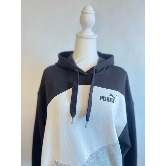 Puma Womens Power Pullover Hoodie Black White Gray Color Block Relaxed Fit - Picture 2 of 11